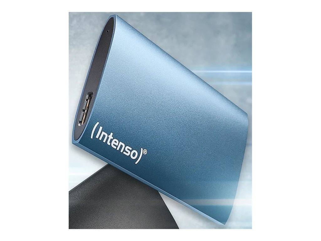 Blauer Intenso tragbarer externer Festplatte oder SSD mit USB-Anschluss, in schräger Ansicht vor grauem Hintergrund dargestellt.