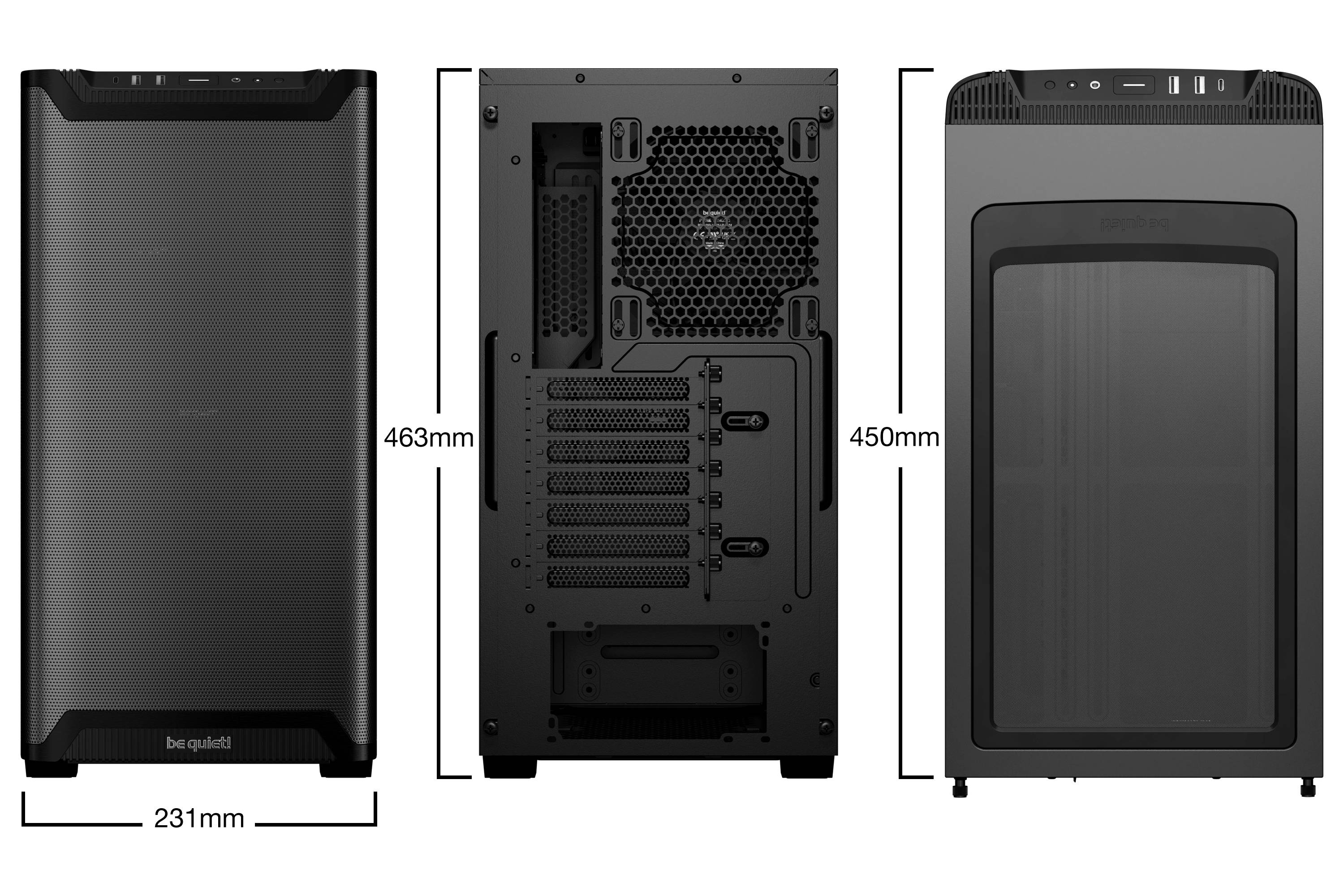 Computergehäuse von vorne, hinten und von der Seite dargestellt mit gekennzeichneten Abmessungen: 463 mm hoch, 450 mm tief und 231 mm breit.