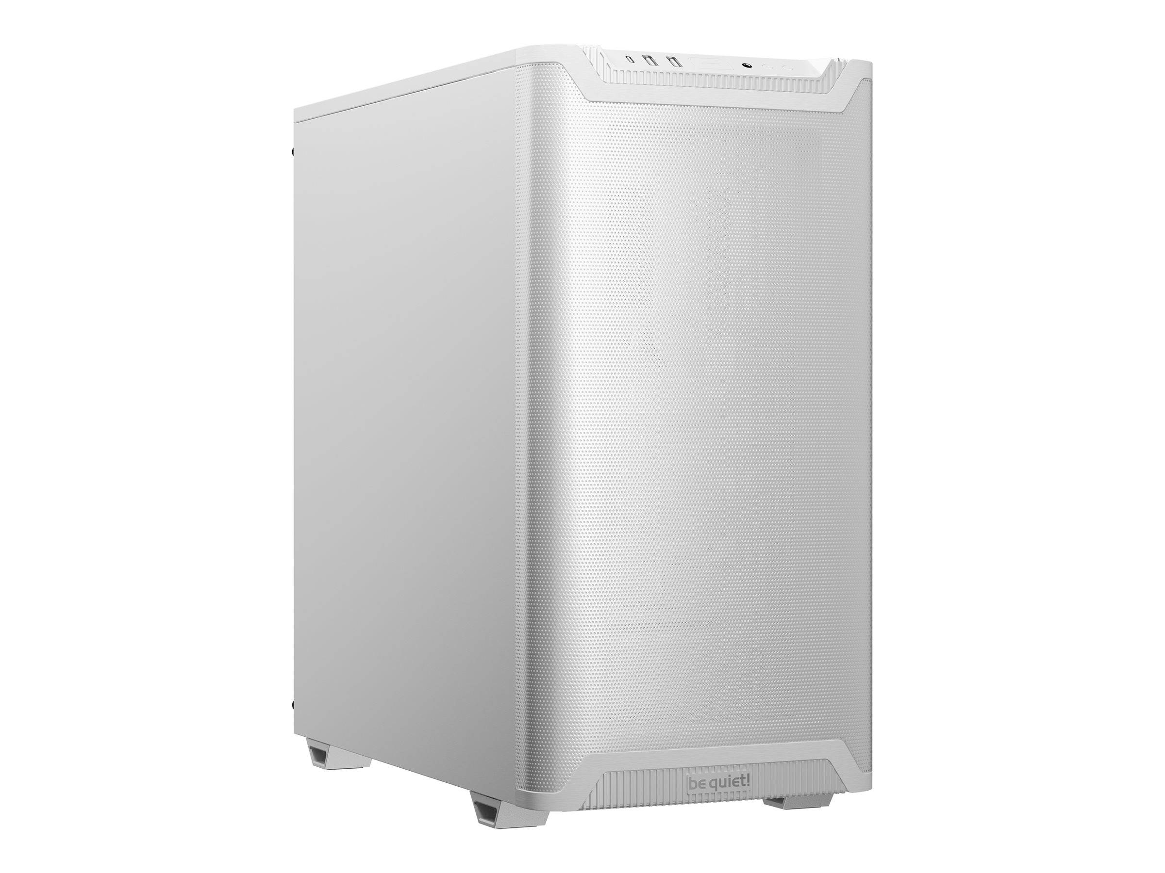 Weißes Mid-Tower-PC-Gehäuse mit sauberer Frontblende und oberen I/O-Anschlüssen, auf weißem Hintergrund dargestellt.