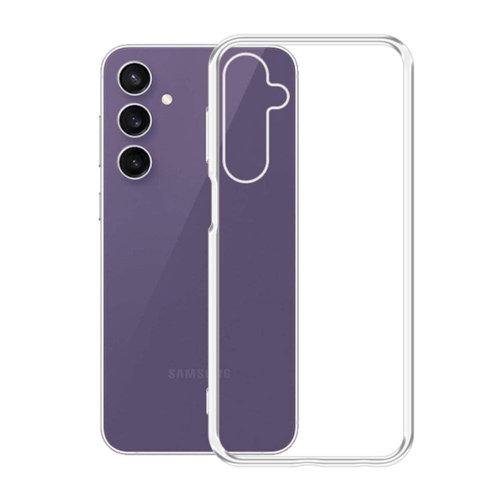 Ein violettes Smartphone mit drei Kameras wird neben einer transparenten Handyhülle angezeigt.