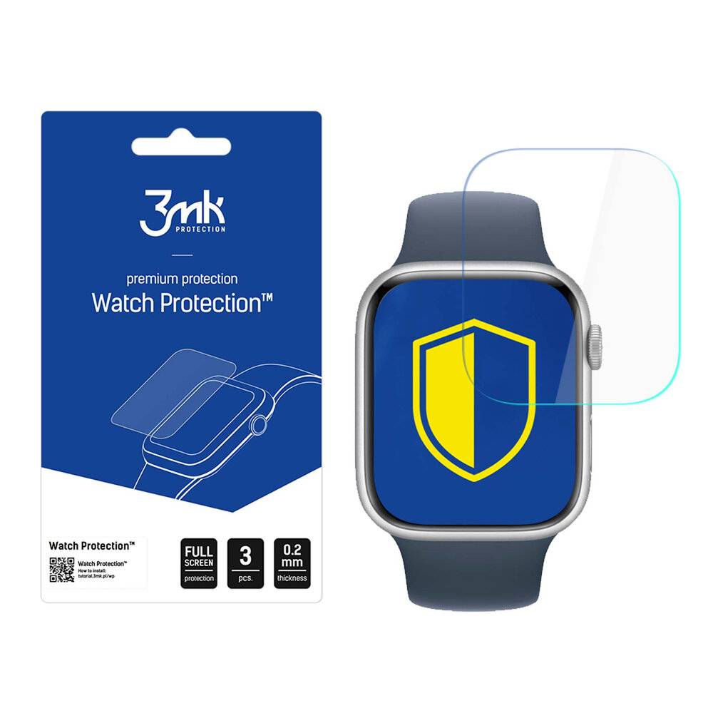 Smartwatch-Schutzfolie Verpackung mit Bild einer Smartwatch, auf der ein Schild-Symbol angezeigt wird. Text: '3mk Protection, Watch Protection.