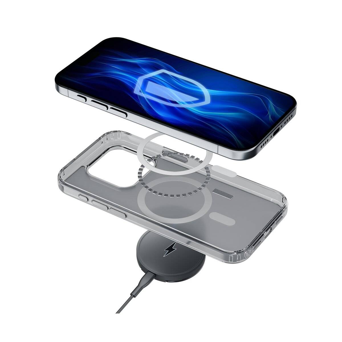 Telefon schwebt über einem transparenten Case und einer kabellosen Ladefläche, was die Technologie des kabellosen Ladens veranschaulicht.