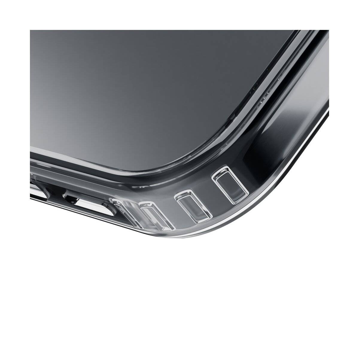 Nahaufnahme einer Smartphone-Ecke mit einer klaren, glänzenden Schutzhülle, die die detaillierten Rillen und Kanten des Designs zeigt.