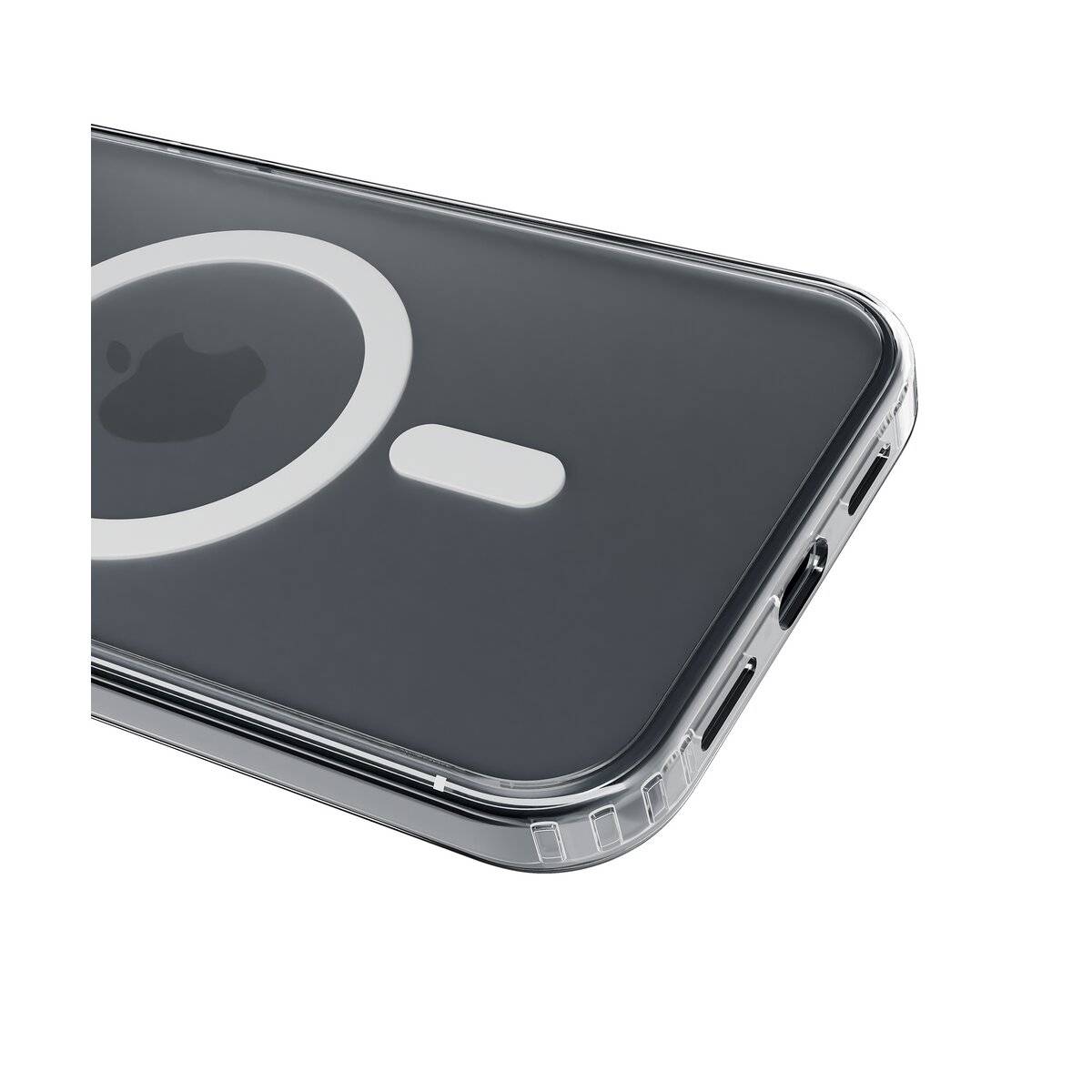 Das Bild zeigt ein Smartphone in einer durchsichtigen Schutzhülle, die sein MagSafe-Feature mit einem sichtbaren kreisförmigen Design auf der Rückseite präsentiert.