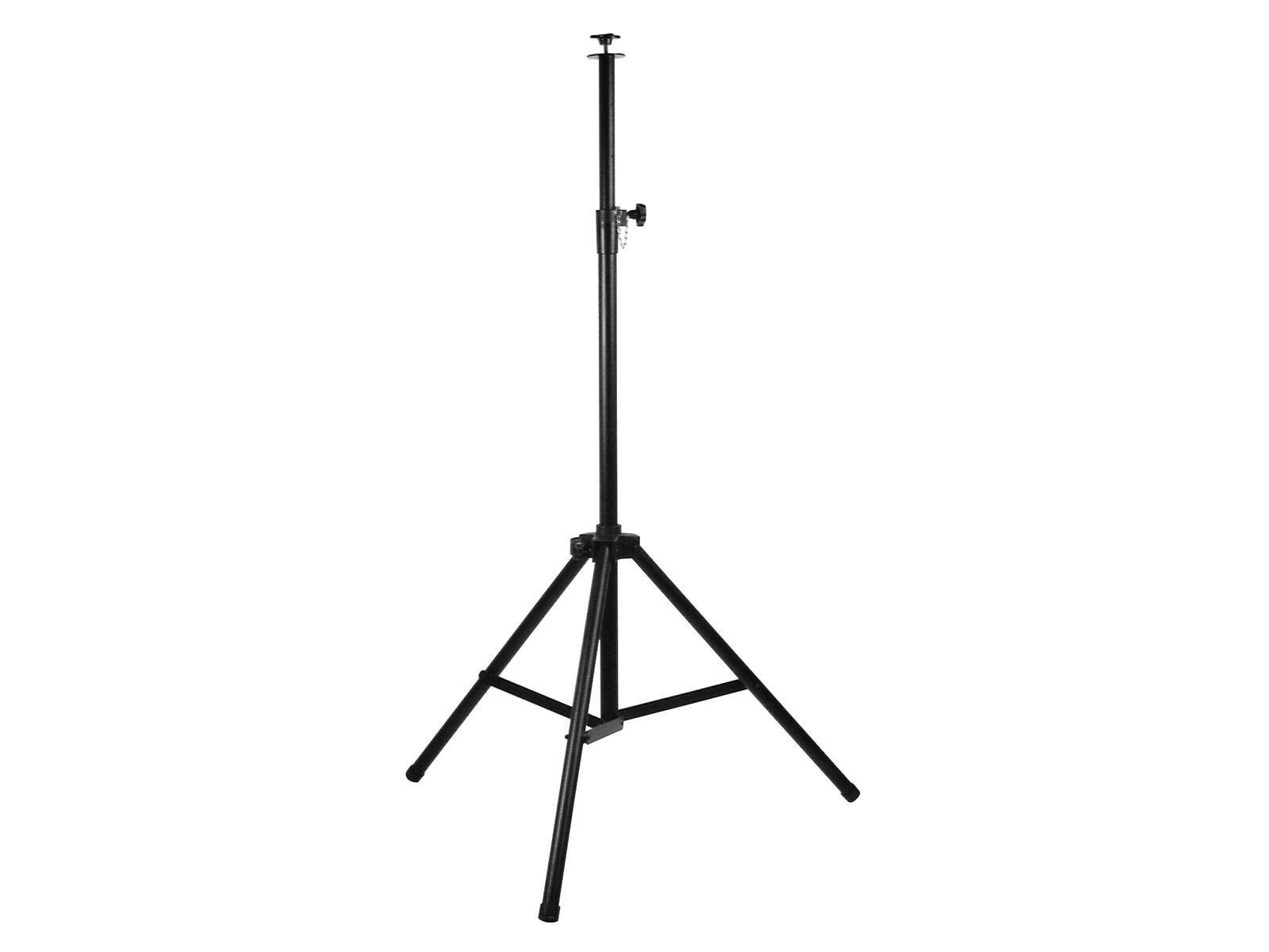 Ein schwarzes, verstellbares Stativ mit drei Beinen, das zur Unterstützung von Ausrüstung wie Leuchten oder Kameras entwickelt wurde und aufrecht steht.