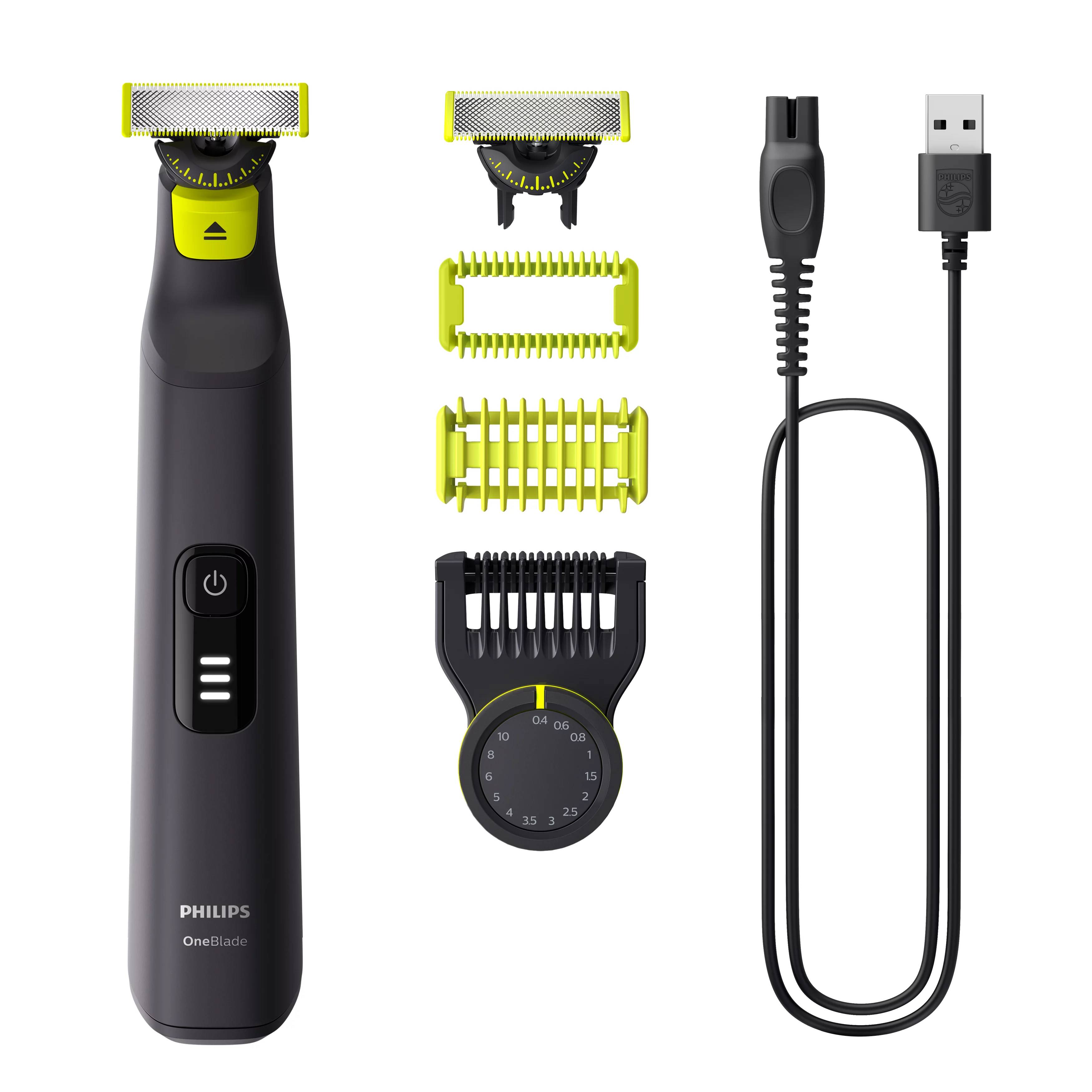 Philips OneBlade Trimmer mit drei Kammaufsätzen, Präzisionsklinge und USB-Ladekabel auf weißem Hintergrund.