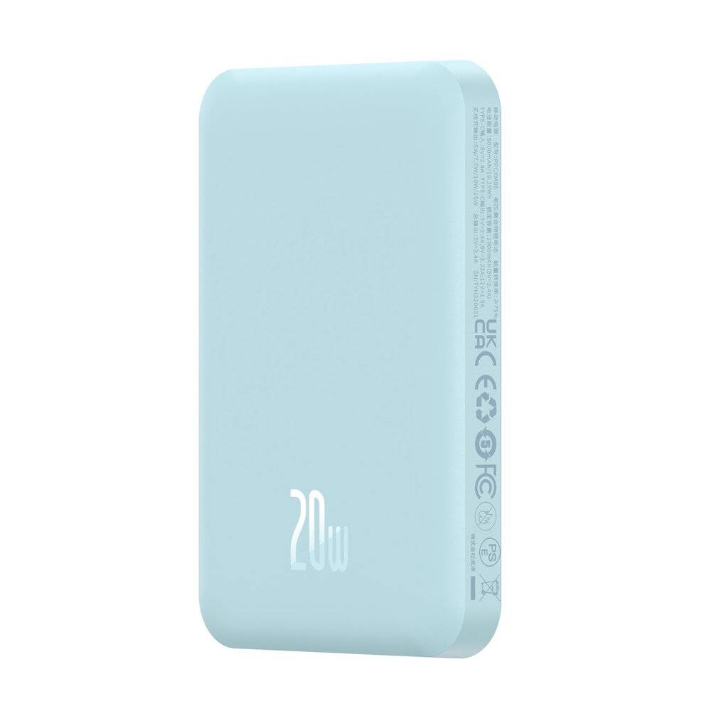 Eine schlanke, hellblaue Powerbank mit der Aufschrift „20W