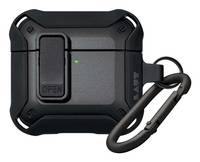 Ein robustes schwarzes AirPods-Etui mit einem 'ÖFFNEN'-Verschluss und einem Karabinerhaken zur sicheren Befestigung, ausgestattet mit einer kleinen grünen Anzeigelampe.