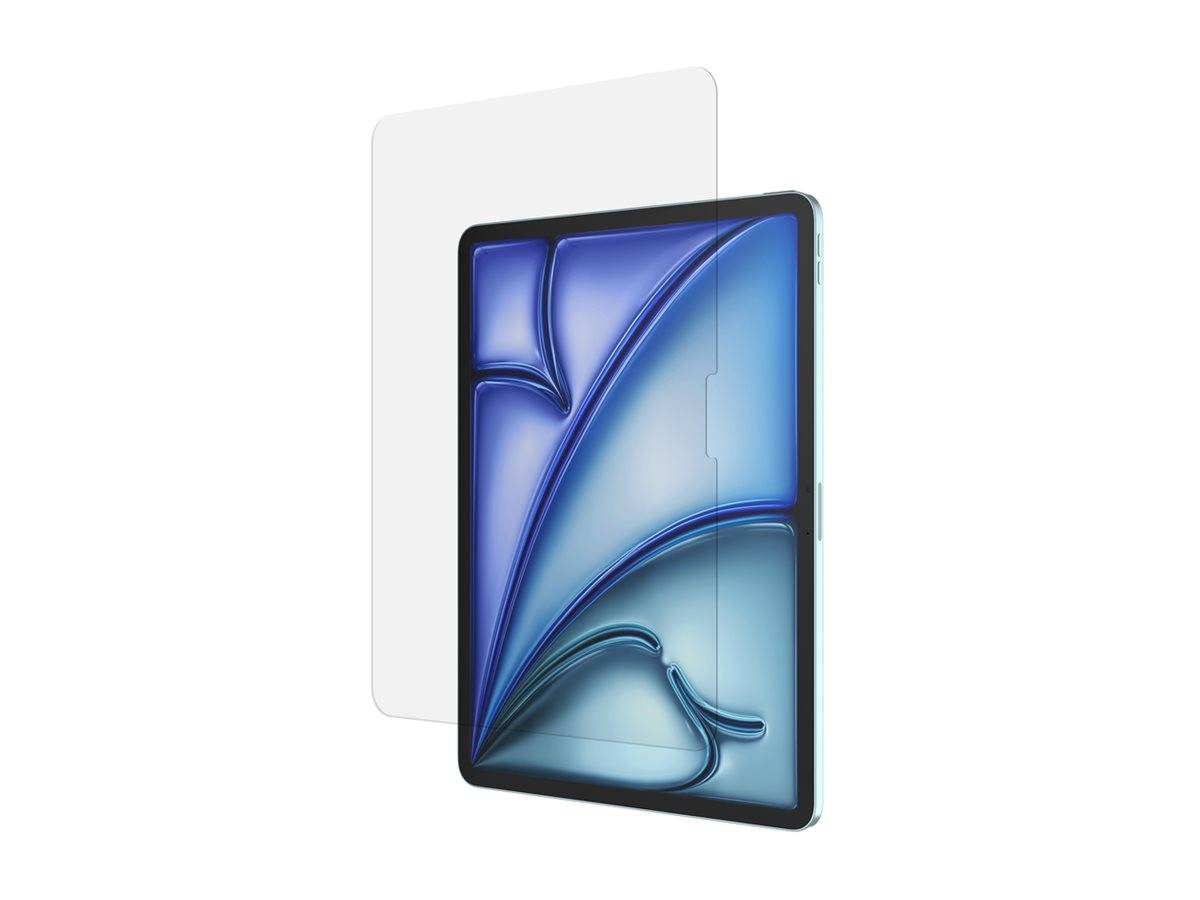 Tablet mit einer transparenten Schutzfolie, die dahinter auf weißem Hintergrund angezeigt wird.