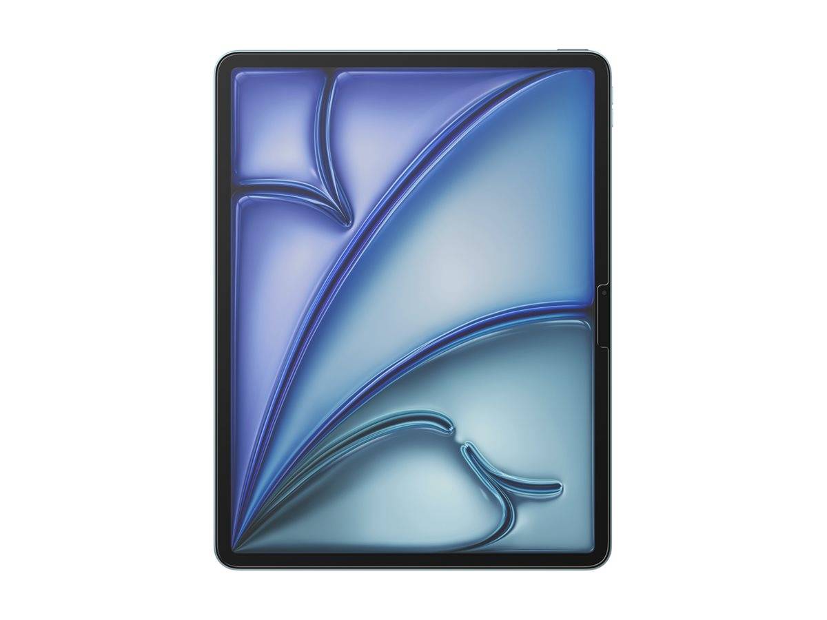 Ein blauer abstrakter Hintergrund mit geschwungenen glänzenden Bändern und einem dunklen Rand, angezeigt auf einem tabletähnlichen Bildschirm.