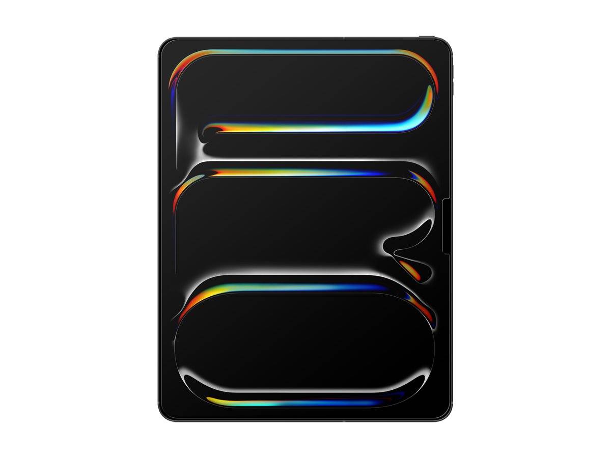 Schwarzer Smartphone-Bildschirm mit glänzender abstrakter 'S'-Form in Regenbogenlicht auf dunklem Hintergrund