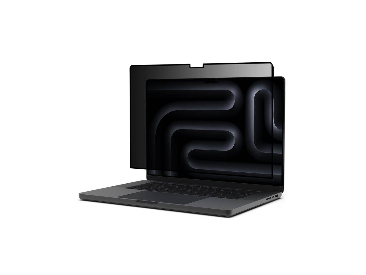 Offener Laptop-Computer mit einem dunklen abstrakten labyrinthartigen Muster auf dem Bildschirm, gezeigt auf weißem Hintergrund.