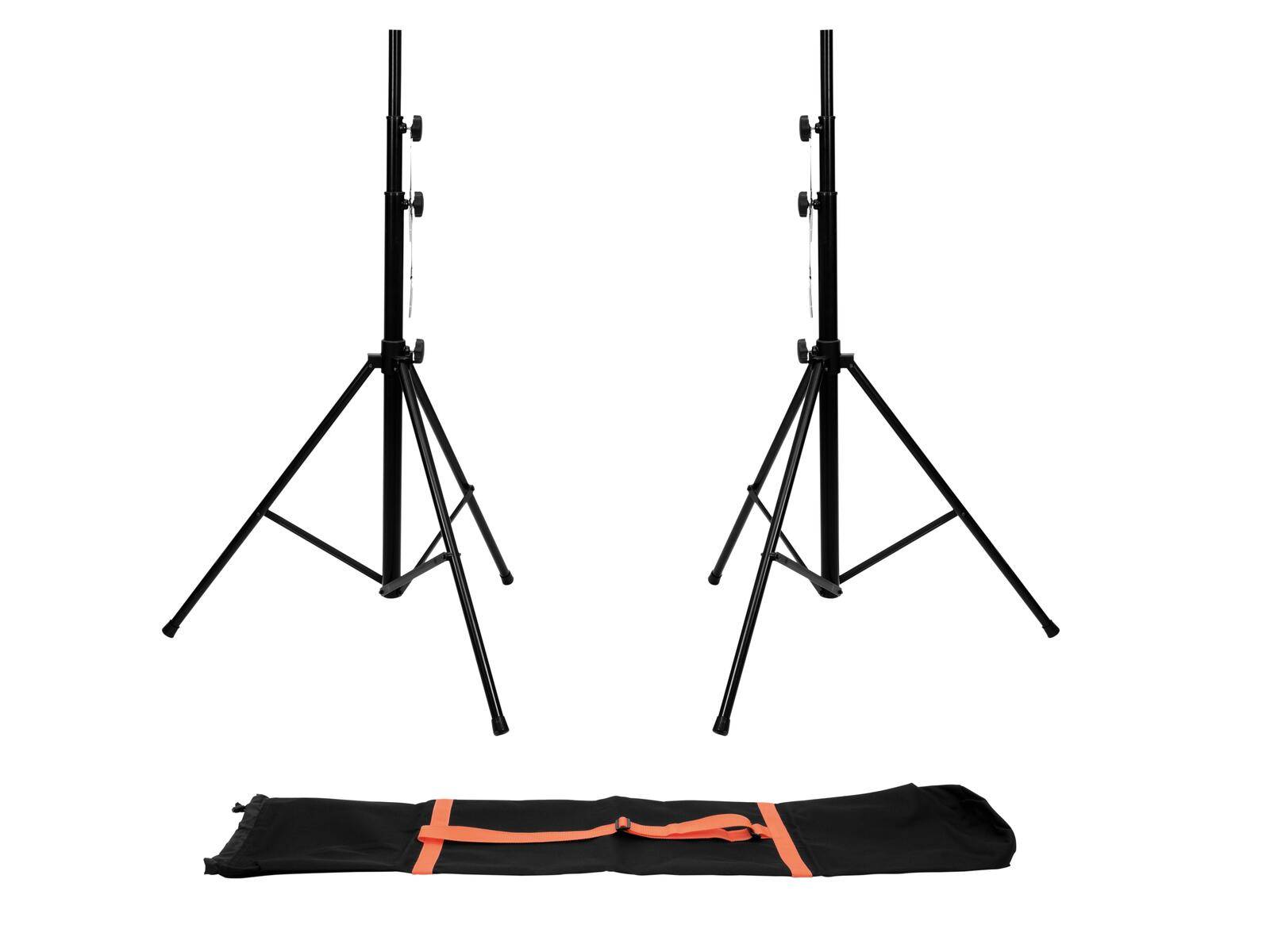 Zwei schwarze Stative mit verstellbaren Höhen, vollständig ausgefahren, neben einer schwarzen Tragetasche mit orangefarbenen Trägern auf einem weißen Hintergrund.