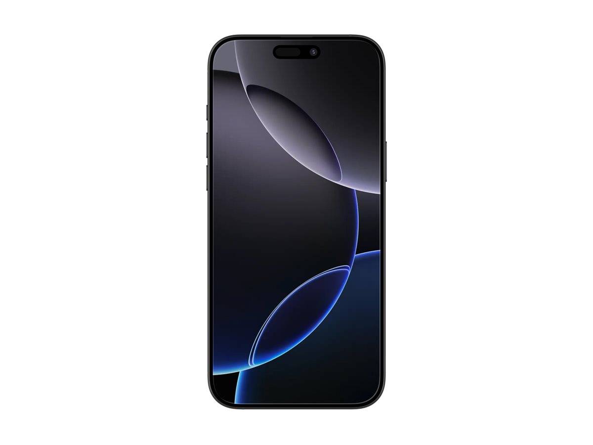 Frontansicht eines schwarzen Smartphones mit einer dunklen abstrakten Hintergrundgrafik und kapselsförmigem Frontkamera-Ausschnitt.