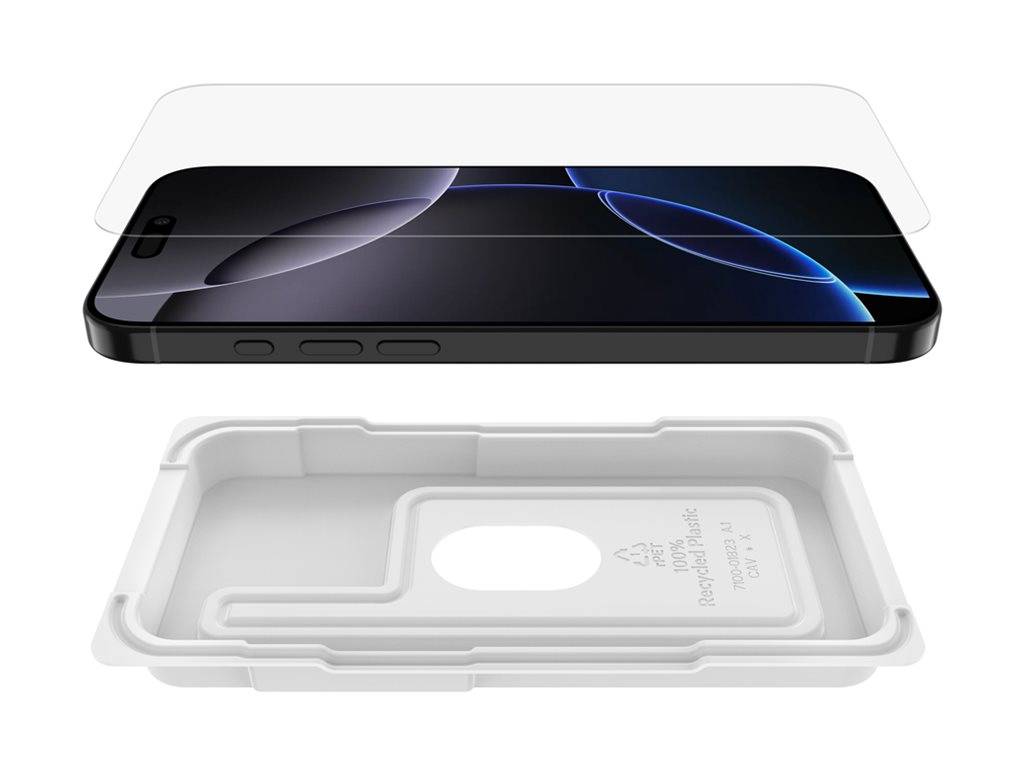 Explosionszeichnung eines iPhones mit einer transparenten Displayschutzfolie über dem Telefon und seiner Behälterverpackung darunter.