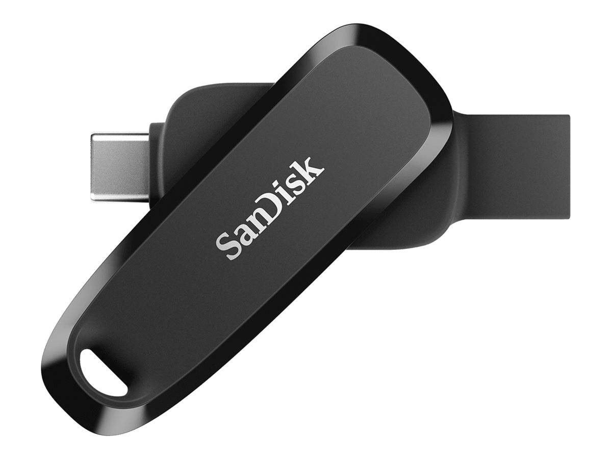 SanDisk USB-Stick mit schlankem schwarzem Design und einer Schlaufe zur Befestigung am Schlüsselanhänger. Passt in USB-C-Anschlüsse.