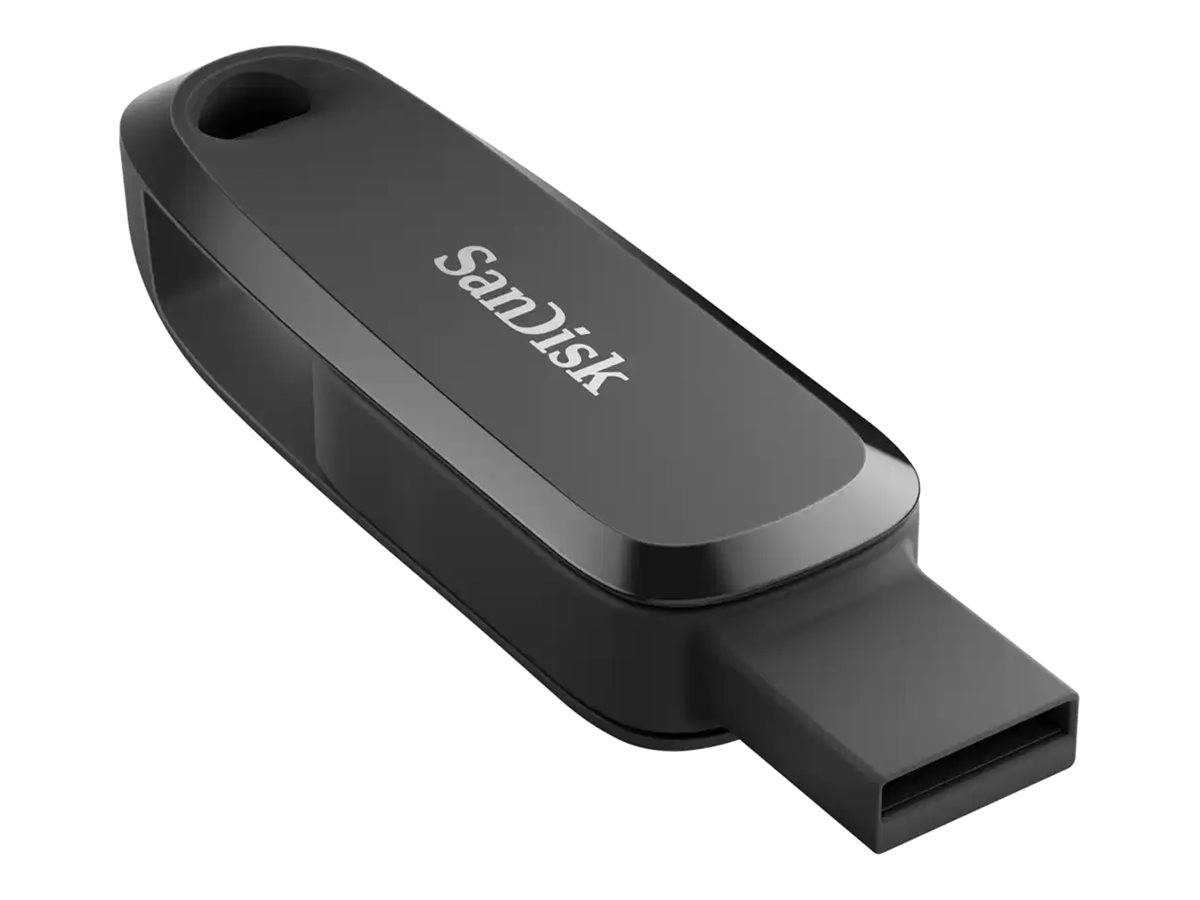 Ein schwarzer SanDisk USB-Stick mit einer Schlüsselanhängerschlaufe und dem Logo mittig auf seiner Oberfläche.