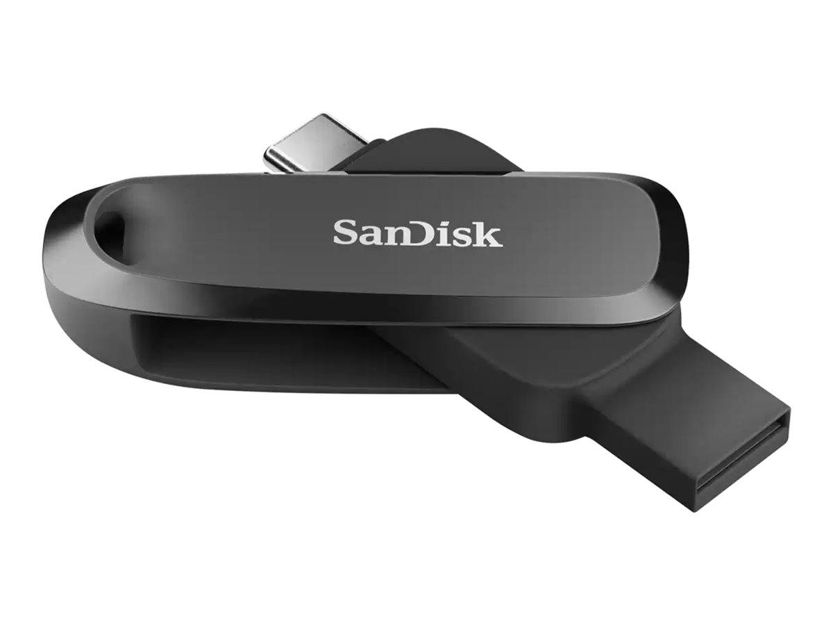 Ein schwarzer SanDisk USB-Stick mit einziehbarem Anschluss und einem kompakten, eleganten Design.