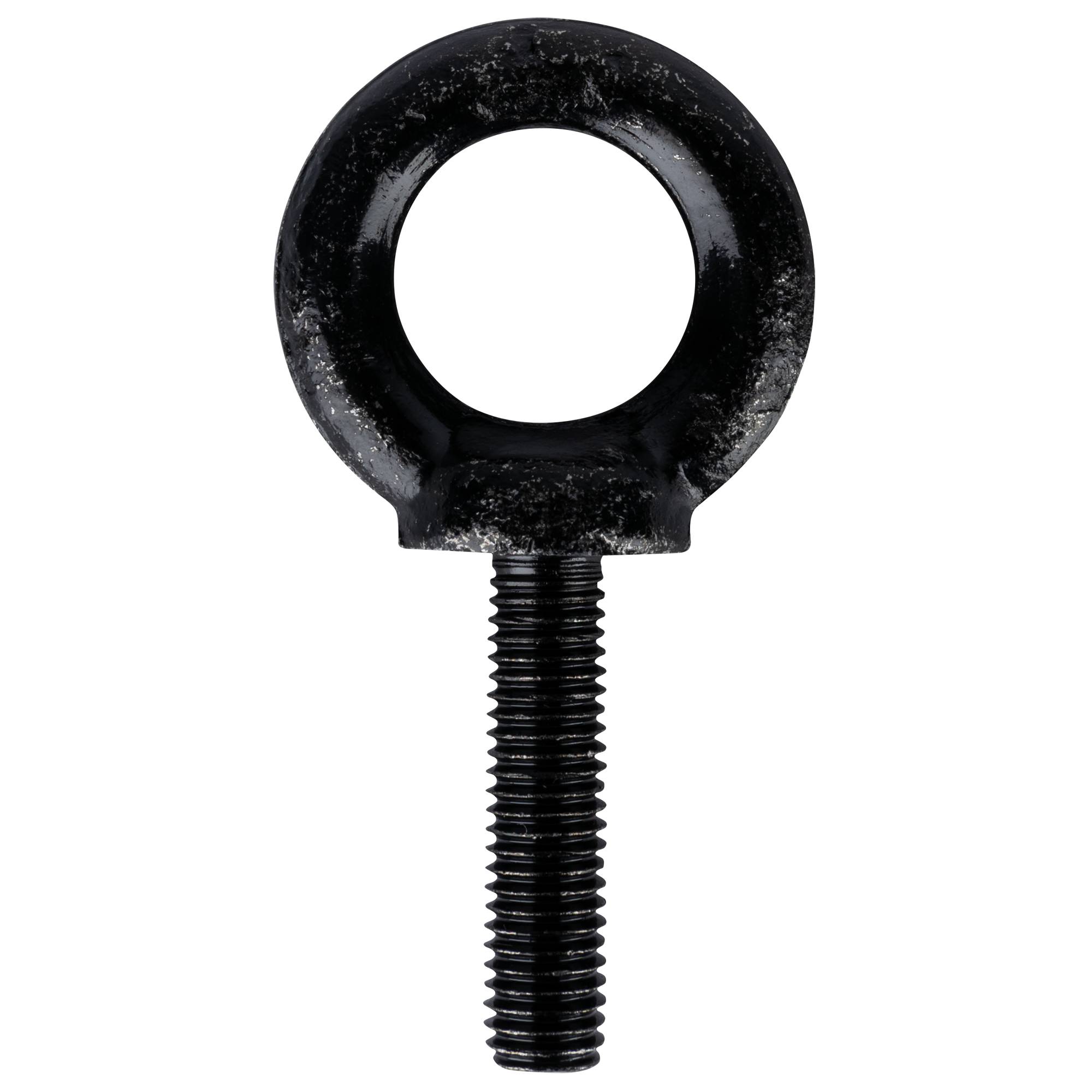 Eine schwarze Metallöse vor einem dunklen Hintergrund, die eine kreisrunde Schlaufe mit einem Gewindelschaft zeigt, die zum Anheben oder Sichern von Objekten verwendet wird.