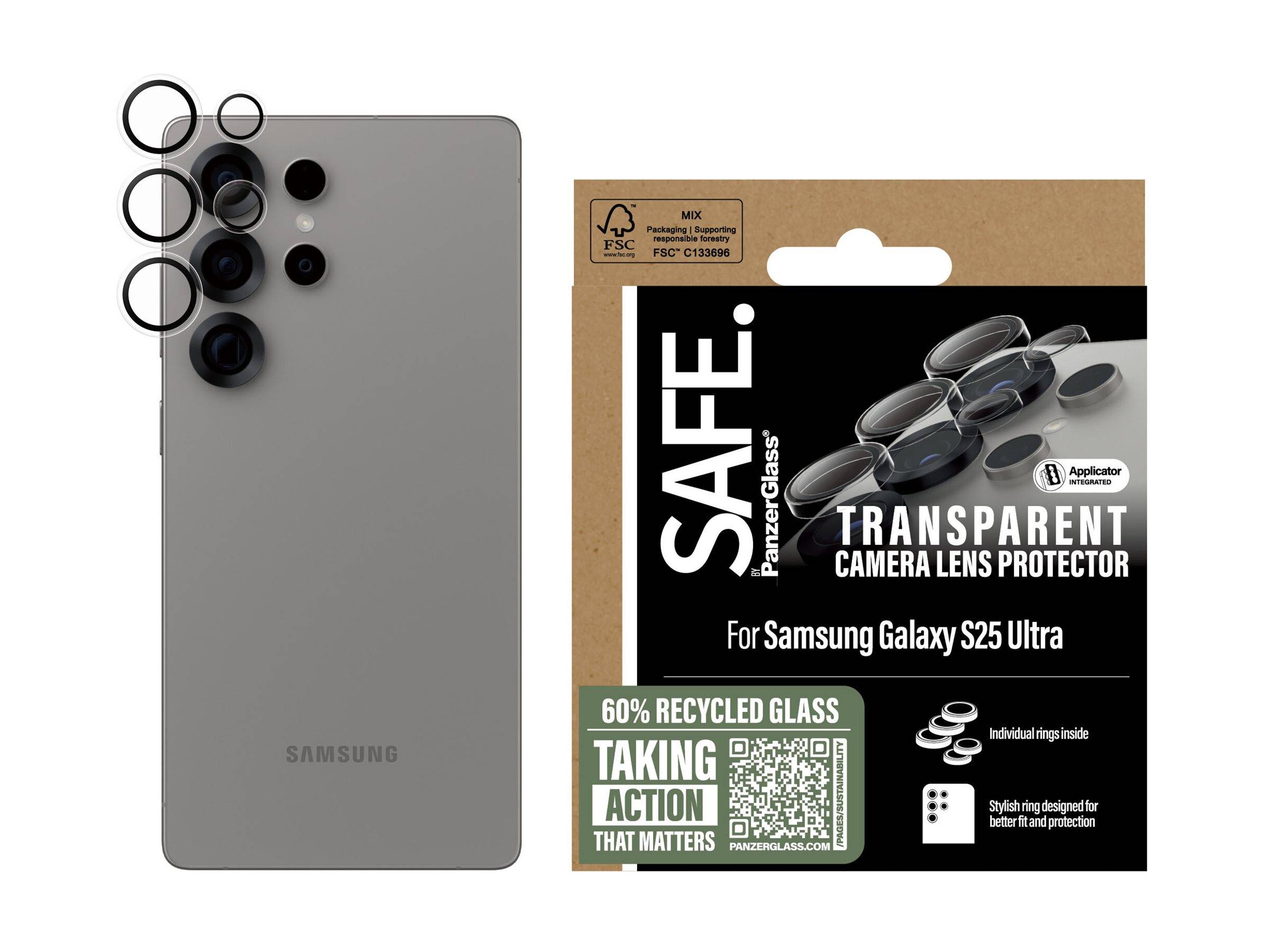 Transparenter Kamera-Objektivschutz neben Samsung Galaxy S25 Ultra Smartphone, wobei umweltfreundliche Eigenschaften mit 60% recyceltem Glas hervorgehoben werden.