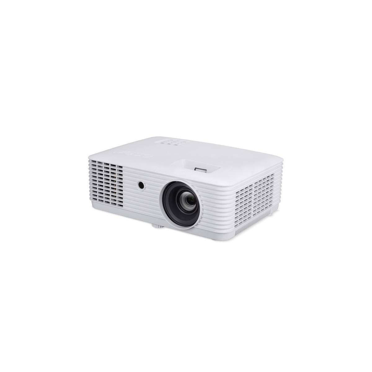 Ein weißer, rechteckiger Projektor mit einer Linse auf der rechten Seite und Belüftungsschlitzen auf der Vorder- und Seitenseite, geeignet für Präsentationen.