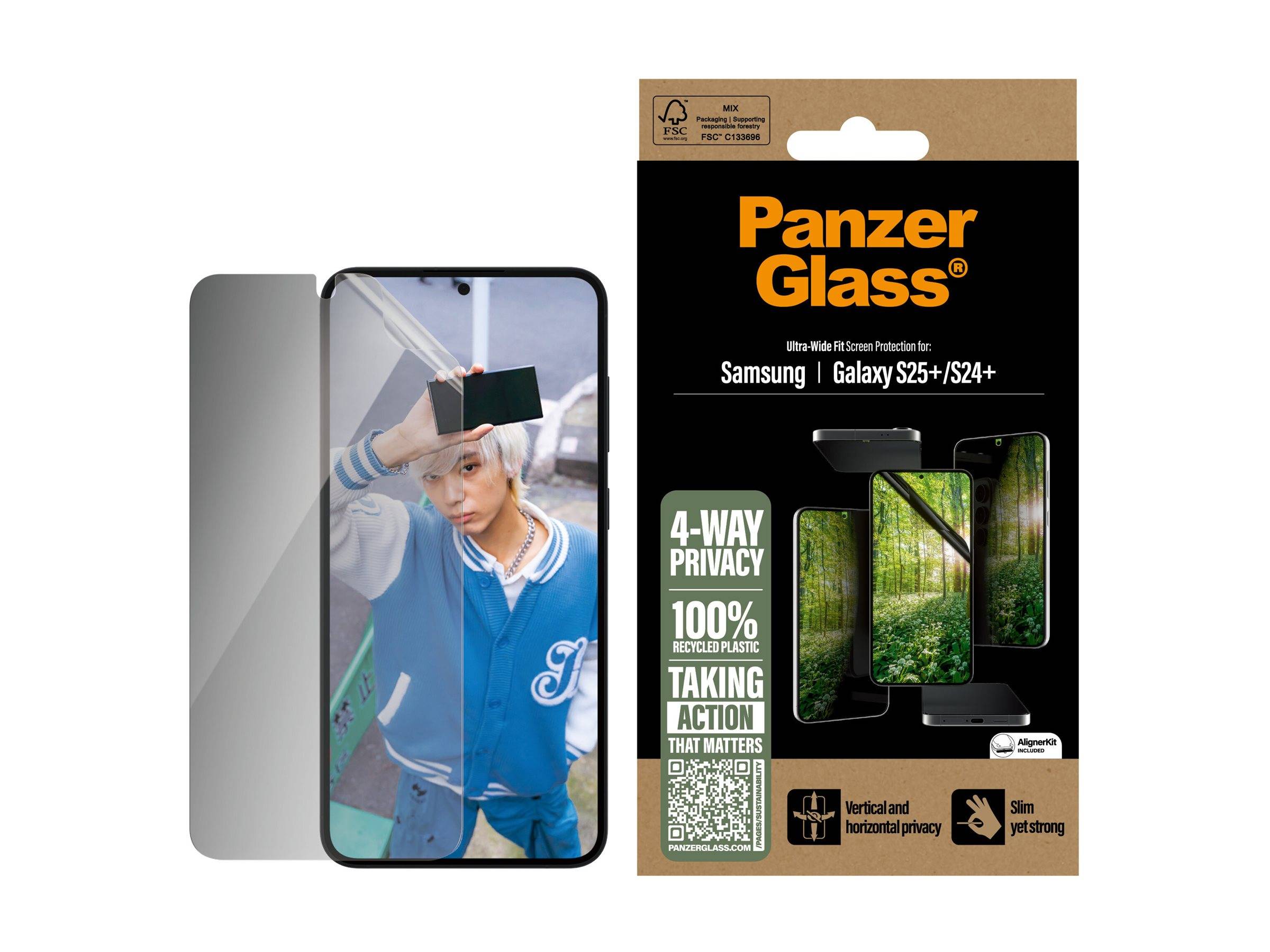 Smartphone mit aufgebrachtem Sichtschutzfolie. Verpackung zeigt 'PanzerGlass' für Samsung Galaxy S23+/S24+. Funktionen umfassen 4-Wege-Privatsphäre und 100% recycelten Kunststoff.