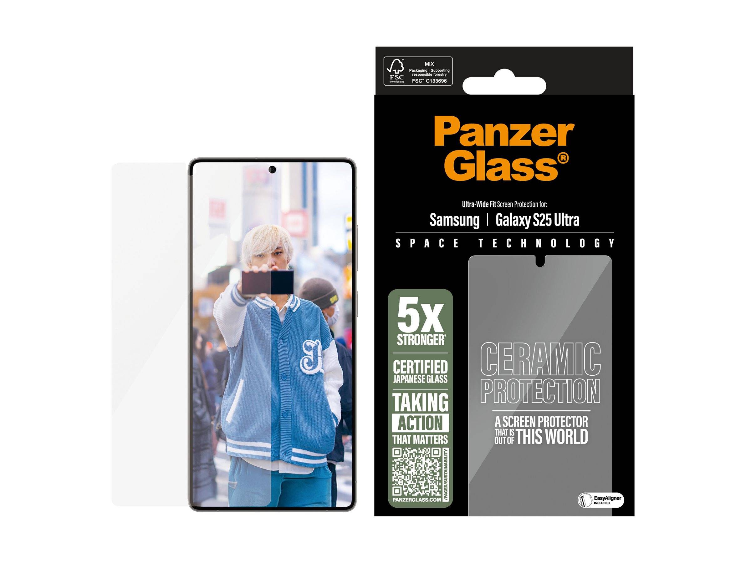 PanzerGlass Displayschutz für Samsung Galaxy S25 Ultra; umfasst Keramikschutz-Garantie und bewirbt 5-fache Stärke.