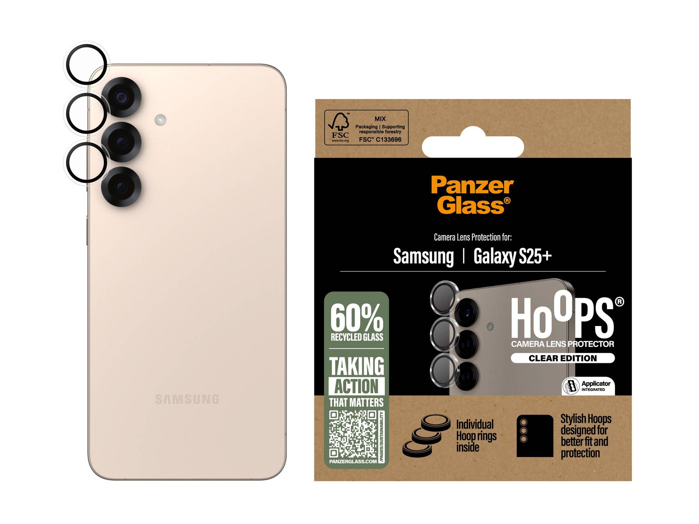 Samsung Galaxy S25+ Smartphone neben der PanzerGlass Linsenabdeckung mit Verpackung und Hauptmerkmalen: 60% recyceltes Glas, individuelle Ringhalterungen.