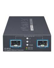 Schwarzes Metall 1S Glasfaser-Ethernet-Konverterbox mit zwei vorderen RJ45-Anschlüssen, Status-LEDs und gekennzeichneten Netzwerkverbindungsindikatoren.