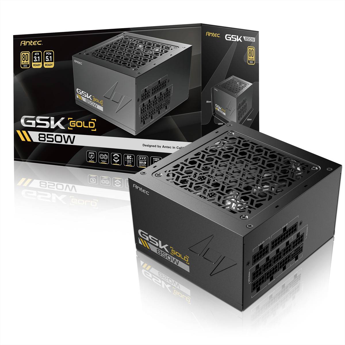 Antec G5K Gold 850W Netzteil vor seiner Verpackung. Zu den Hauptmerkmalen gehören die 80-Plus-Gold-Zertifizierung und modulare Kabel.