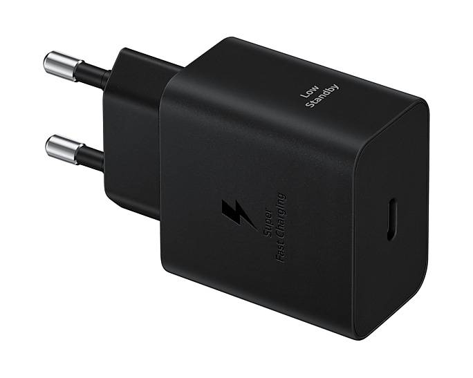 Ein schwarzes USB-Wandladegerät mit zwei Stiften und einem Blitzsymbol. Es hat den Text 