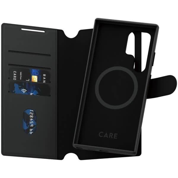 Schwarze Handyhüllentasche mit Kartenfächern, einem transparenten Ausweisfenster und einem kreisförmigen MagSafe-ähnlichen Ring auf der Vorderseite.