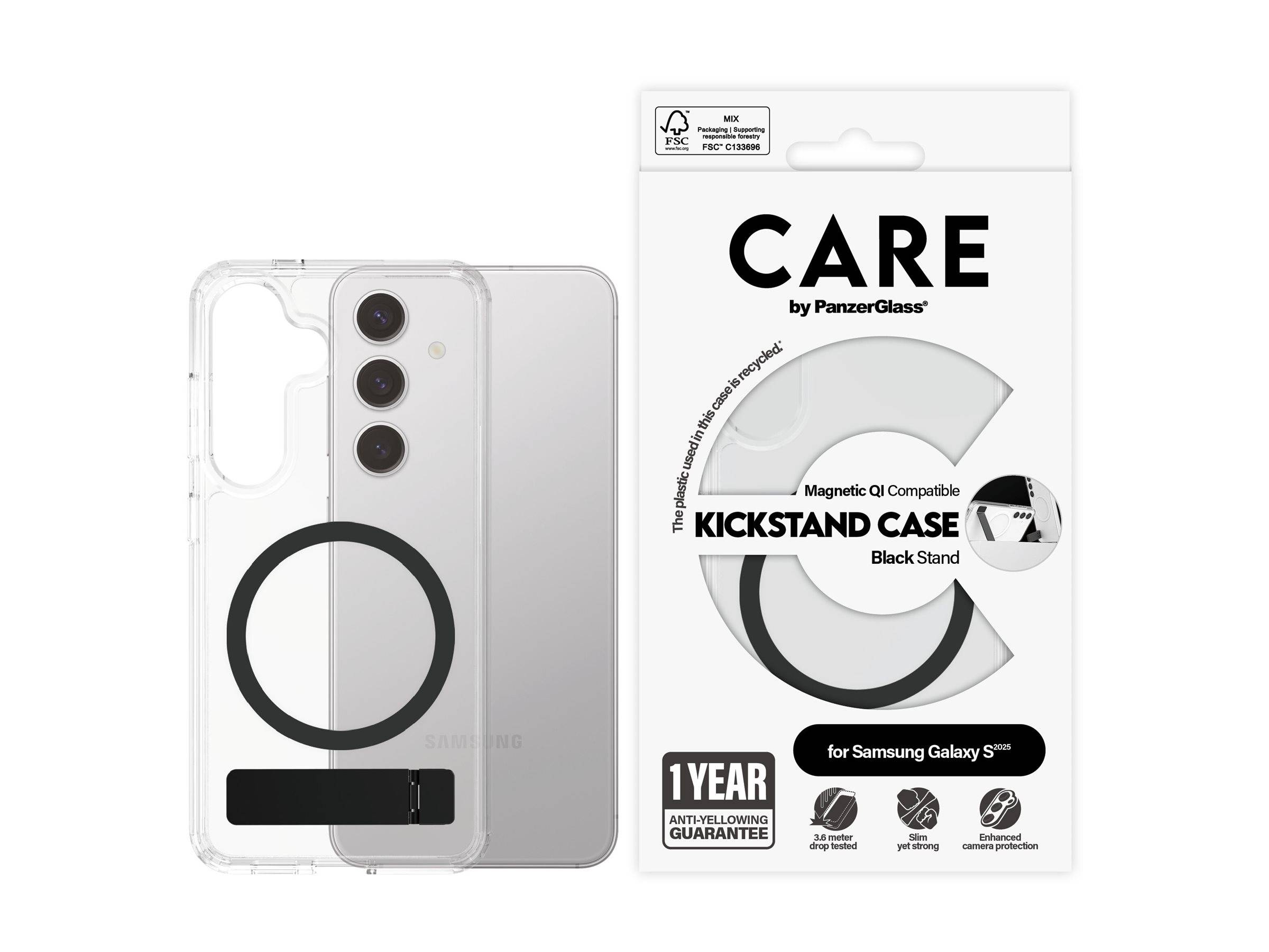 CARE by Schutzglass Feature Black Kickstand & QI Case Samsung Galaxy S25 – transparent