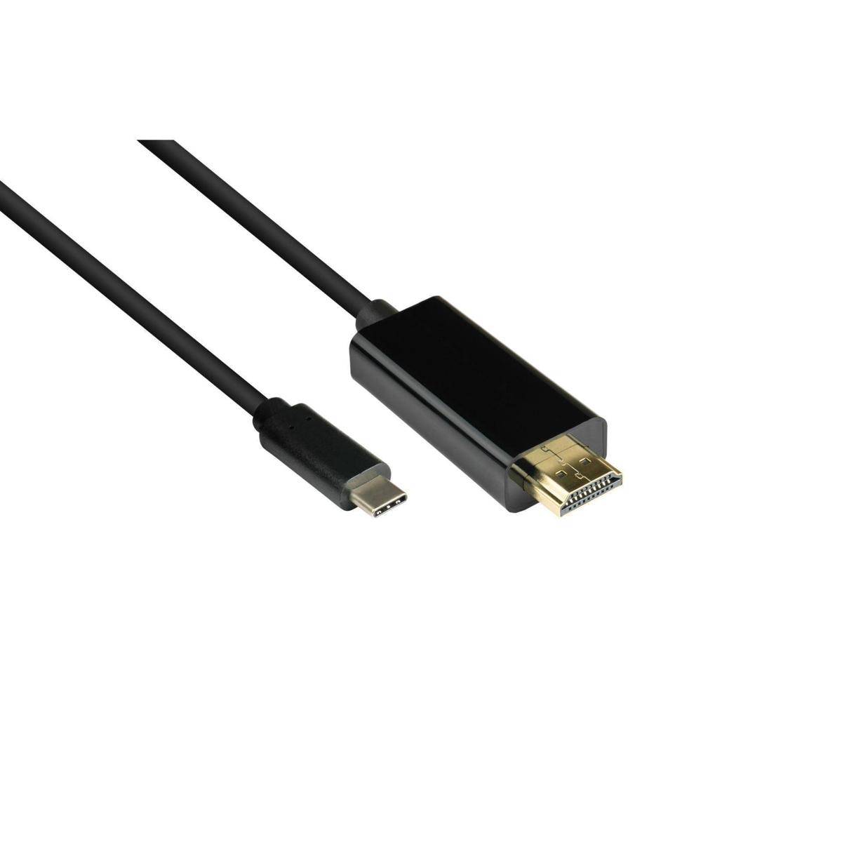 Ein schwarzes Kabel mit einem USB-C-Anschluss an einem Ende und einem HDMI-Anschluss am anderen Ende, das zum Verbinden von Geräten mit Displays verwendet wird.