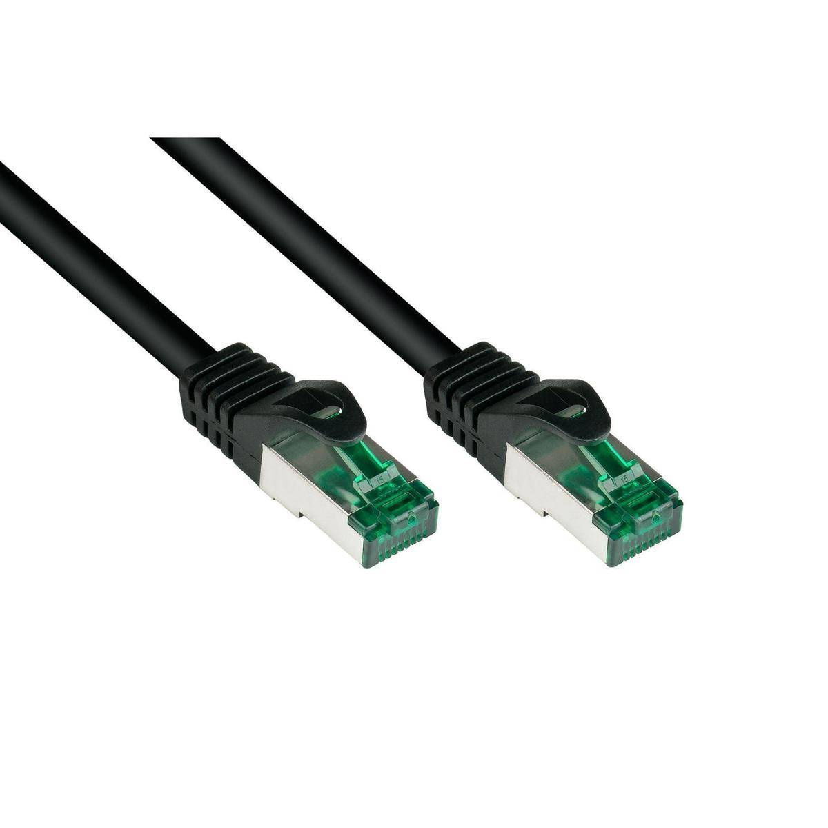 Zwei schwarze Ethernet-Kabel mit grün-endigen Anschlüssen, parallel ausgerichtet, auf einem weißen Hintergrund.
