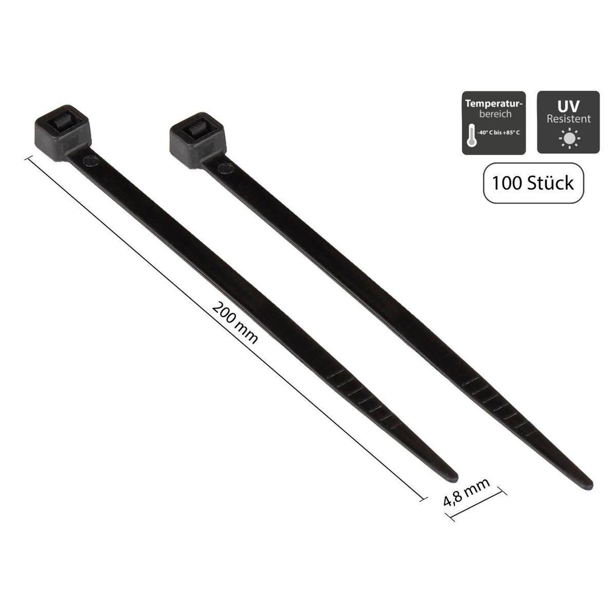 Zwei schwarze Kabelbinder, 200mm lang und 4,8mm breit, mit UV-Beständigkeit und geeignet für Temperaturen von -40°C bis +85°C. Packung mit 100 Stück.