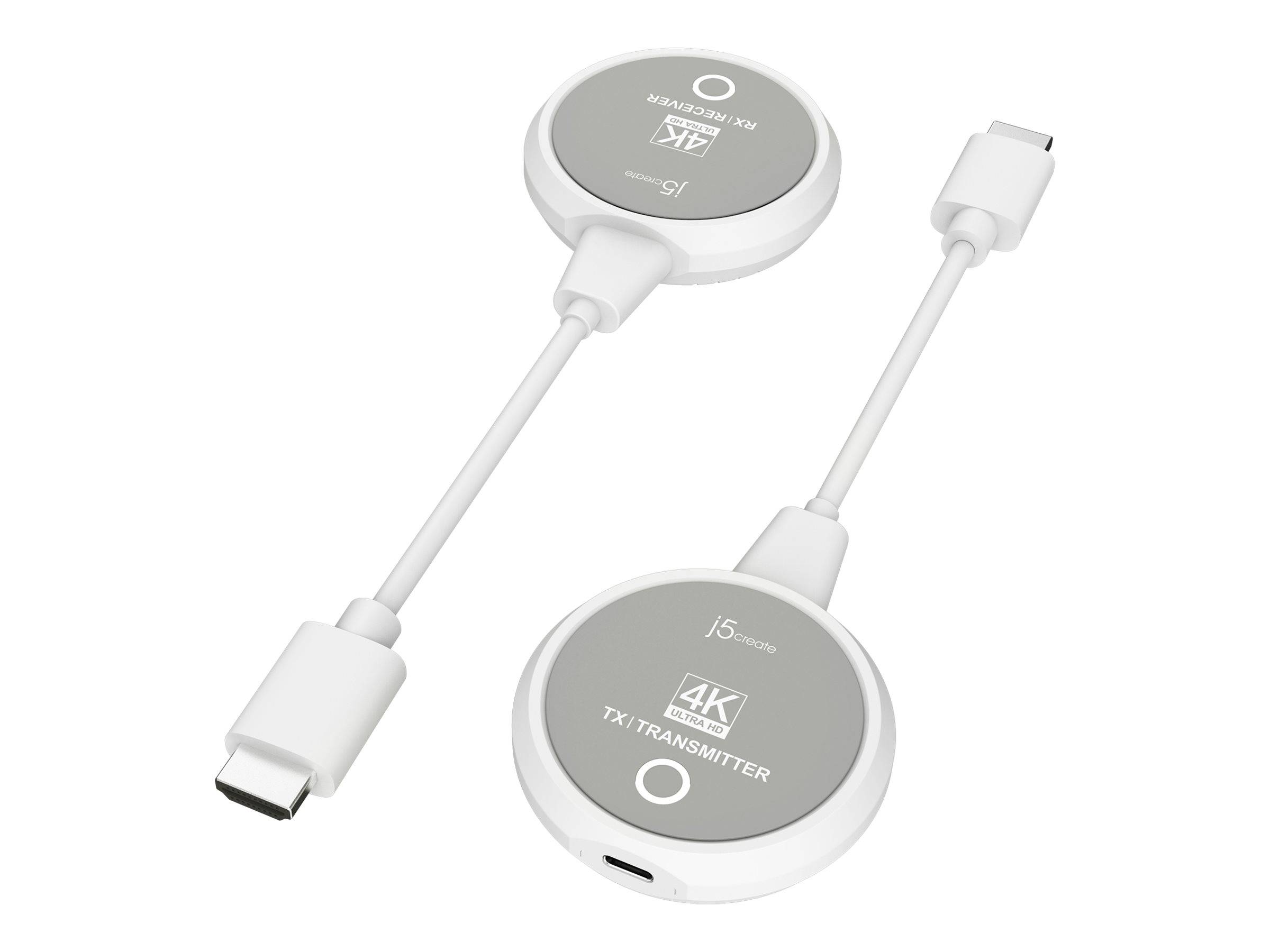 Zwei runde elektronische Geräte mit der Bezeichnung „4K Transmitter 7x1 Transmitter