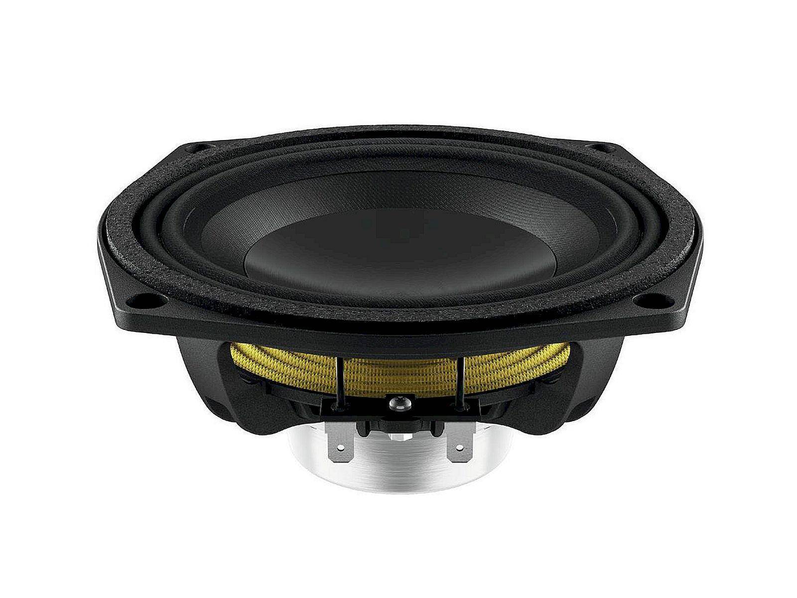 Eine Nahaufnahme eines schwarzen Audiolautsprechers mit silbernem Rand, das sein Membran, die Sicke und den Montagekorb zeigt.