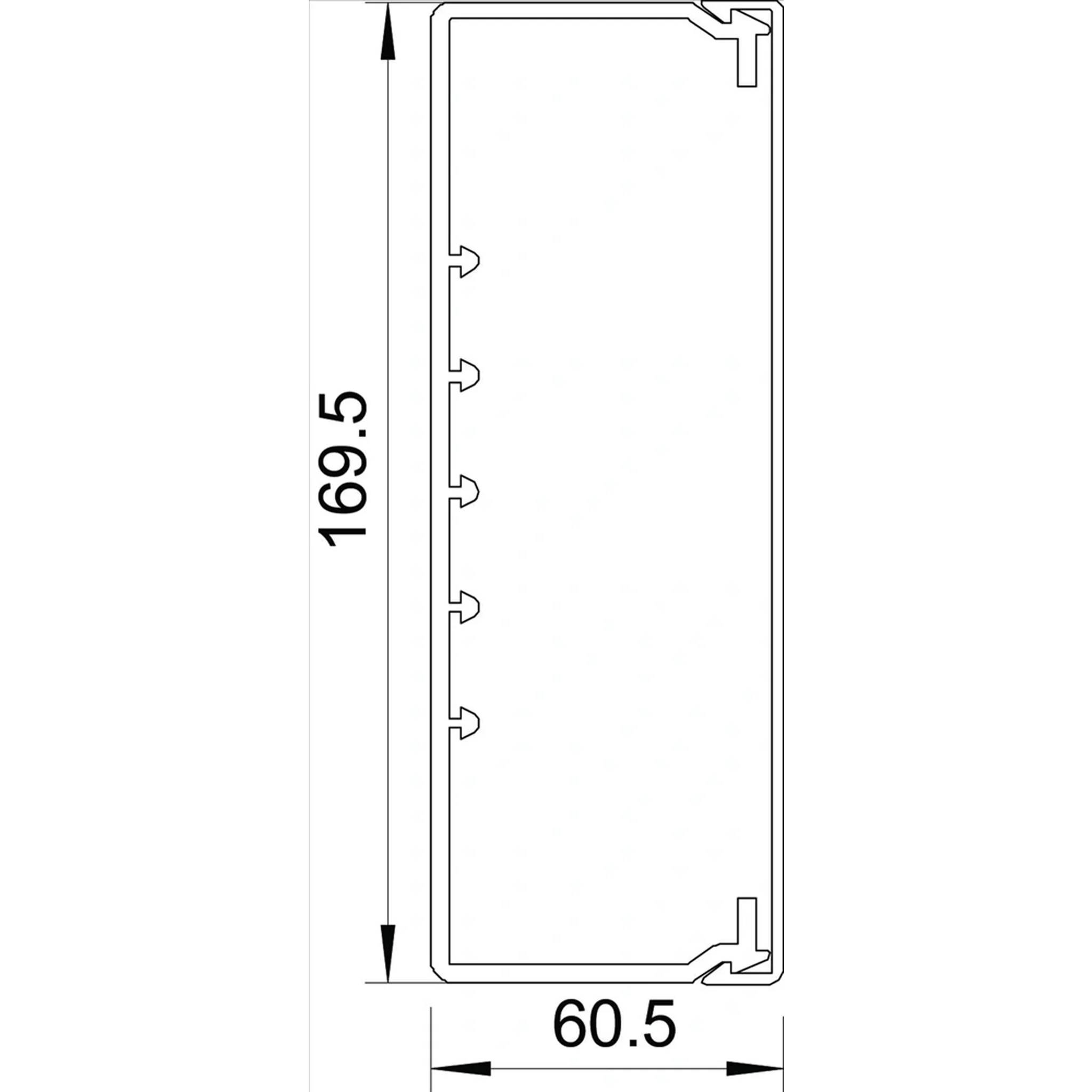 Technische Strichzeichnung eines hohen rechteckigen Panels oder einer Schiene, beschriftet mit 169,5 Höhe und 60,5 Breite, zeigt seinen Querschnitt und Abmessungen.