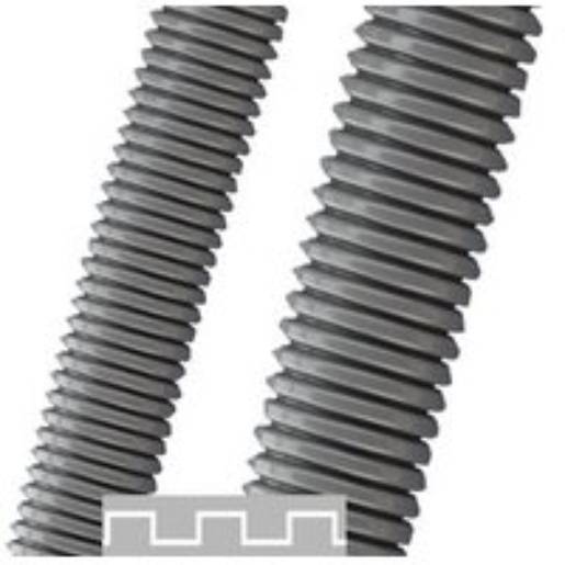 „Nahaufnahme von zwei großen, grauen, spiralförmig gewindeten Gewindestangen, die deren detaillierte Oberflächenstruktur und Muster hervorheben, mit einer vereinfachten Querschnittszeichnung am unteren Rand.