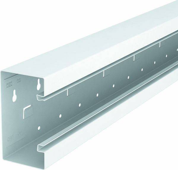 Langes Metallwinkel oder Schiene mit Befestigungslöchern und Schlüssellochschlitzen, perspektivisch auf weißem Hintergrund dargestellt.