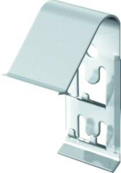 Eine silberne Metallhalterung mit einer gelenkartig befestigten Klappe, wahrscheinlich zum Befestigen oder Halten eines Objekts.