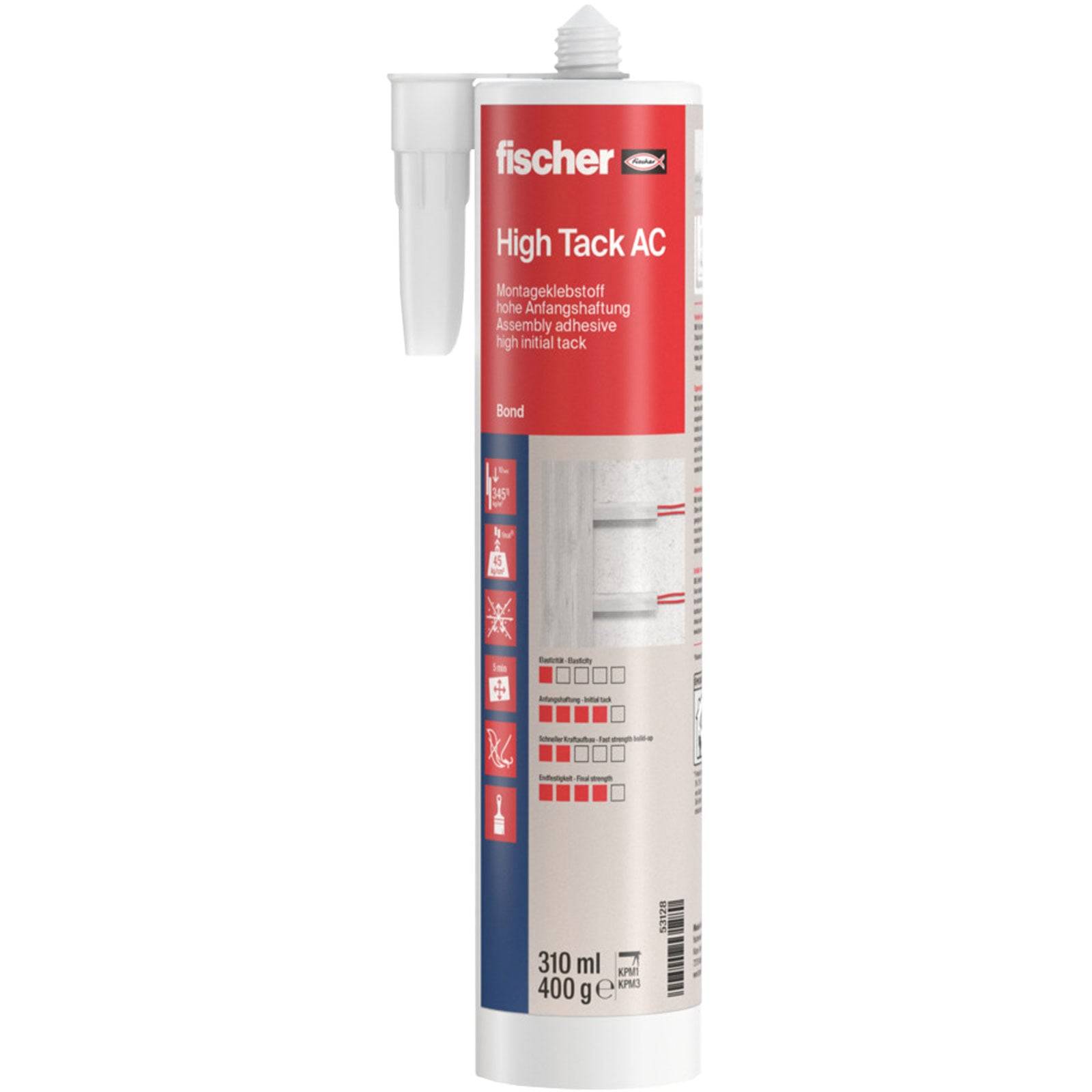 Eine Tube 'Fischer High Tack AC', ein Befestigungsklebstoff mit hoher Anfangshaftung, beschriftet mit 310 ml, 400 g.