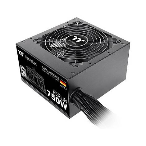 Ein schwarzes Thermaltake Berlin 750W Netzteil mit oben angebrachtem Kühlungslüfter. Geeignet für High-Performance-Computeraufbauten.