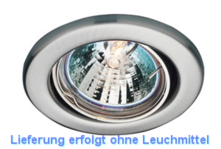Eine eingelassene Deckenlampe ohne Glühbirne, die einen reflektierenden Innenraum und einen metallischen Rand zeigt, mit teilweise sichtbarem deutschen Text am unteren Rand.