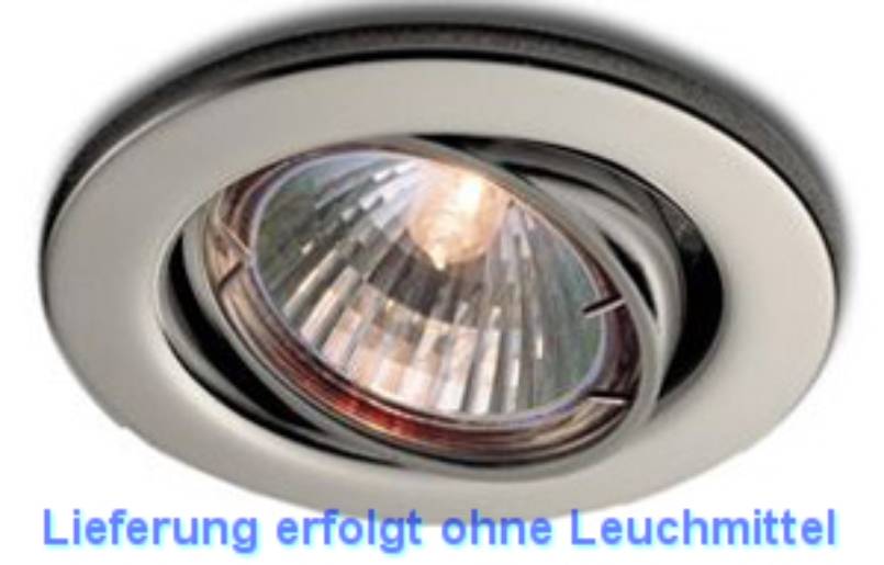 Eine Einbaudeckenleuchte mit Halogenlampe wird gezeigt. Die Bildunterschrift in Blau lautet: 