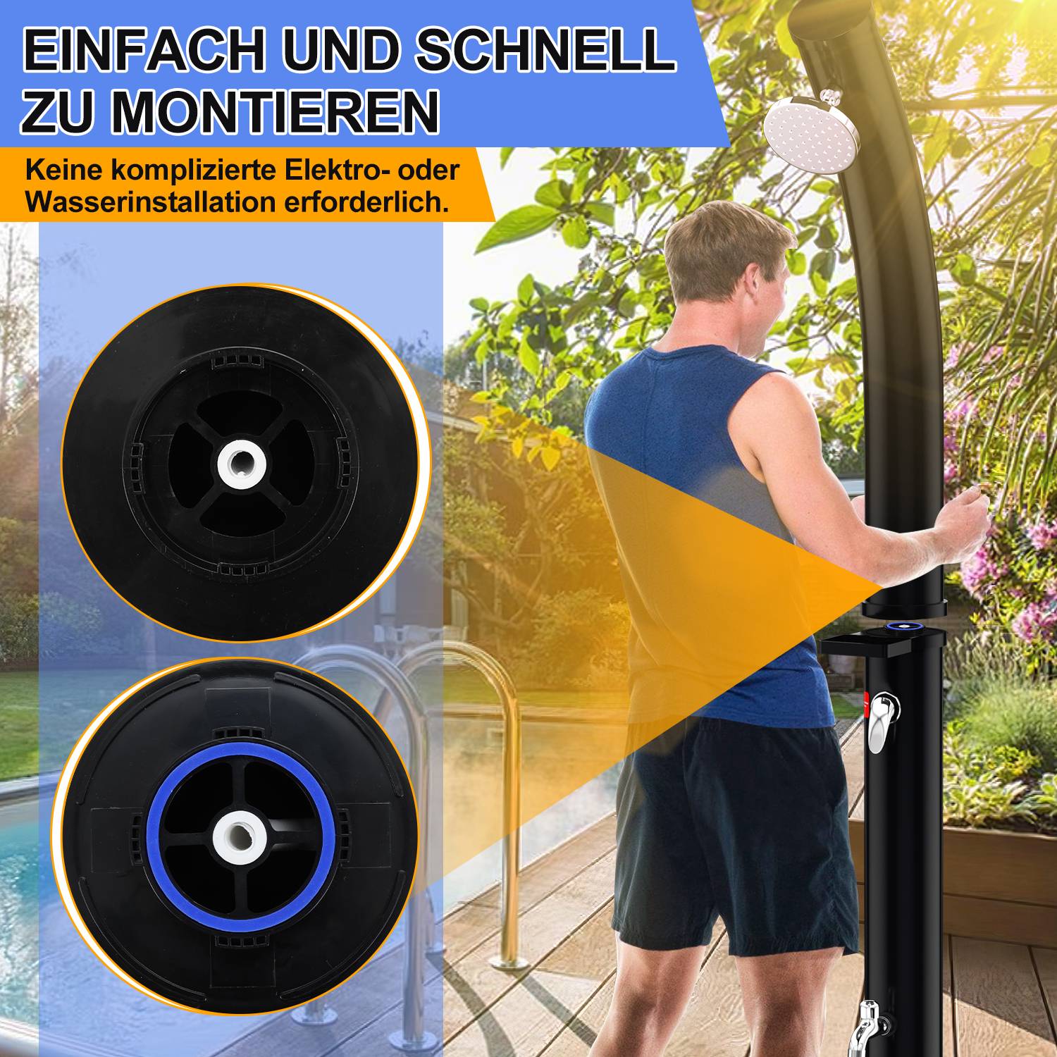 Solardusche 20-60 Liter - bis 60°C – mit schwenkbarem Duschkopf, Fußdusche & Gartenschlauch