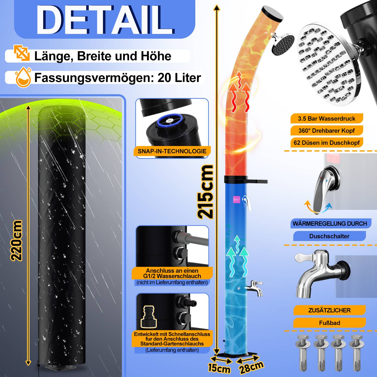 Solardusche 20L mit Regenschutz und Seifenkiste Sommerdusche mit Fußdusche Pooldusche Gartendusche Brause