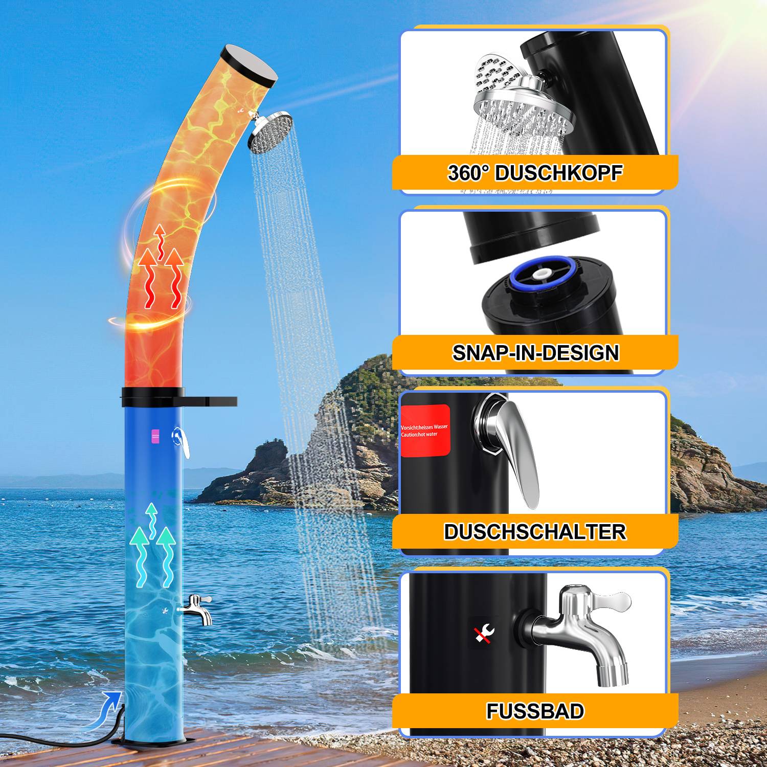 Solardusche 35L mit Regenschutz und Seifenkiste Sommerdusche mit Fußdusche Pooldusche Gartendusche Brause