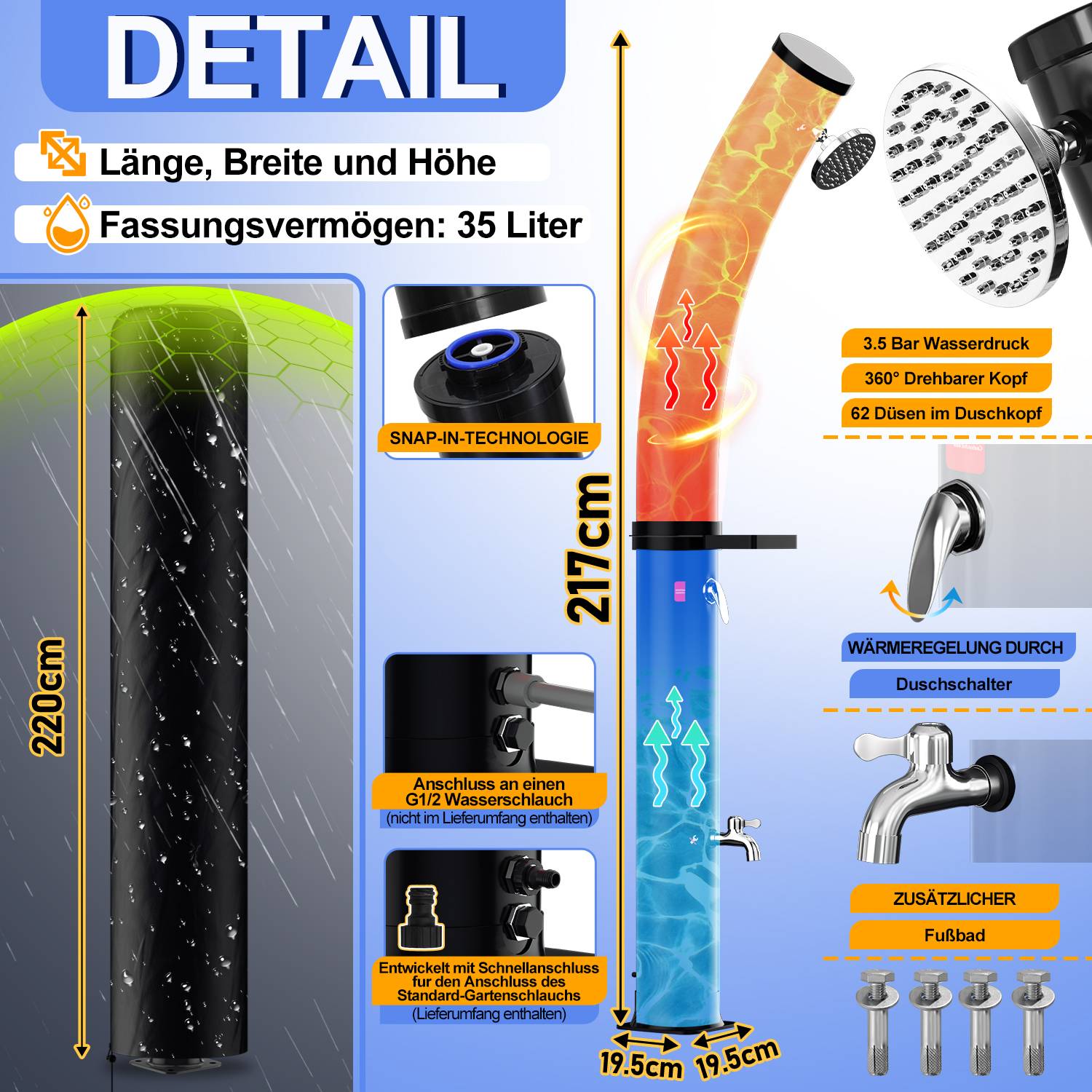 Solardusche 20-60 Liter - bis 60°C – mit schwenkbarem Duschkopf, Fußdusche & Gartenschlauch